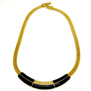 Swarovski SAL Vintage Necklace Gold Tone Chain & Black Enamel Signed EUC
